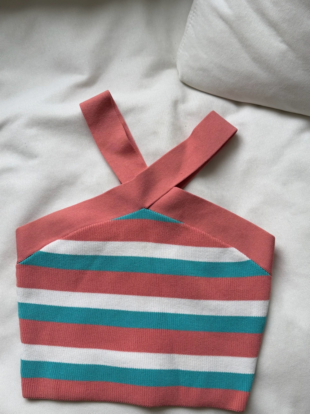 Babaton Striped Crossback Crop Top in Coral, Teal & White